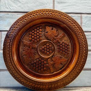 Antique Hand Carved Wooden Plate/Plaque with Grape Motif - Solid Wood